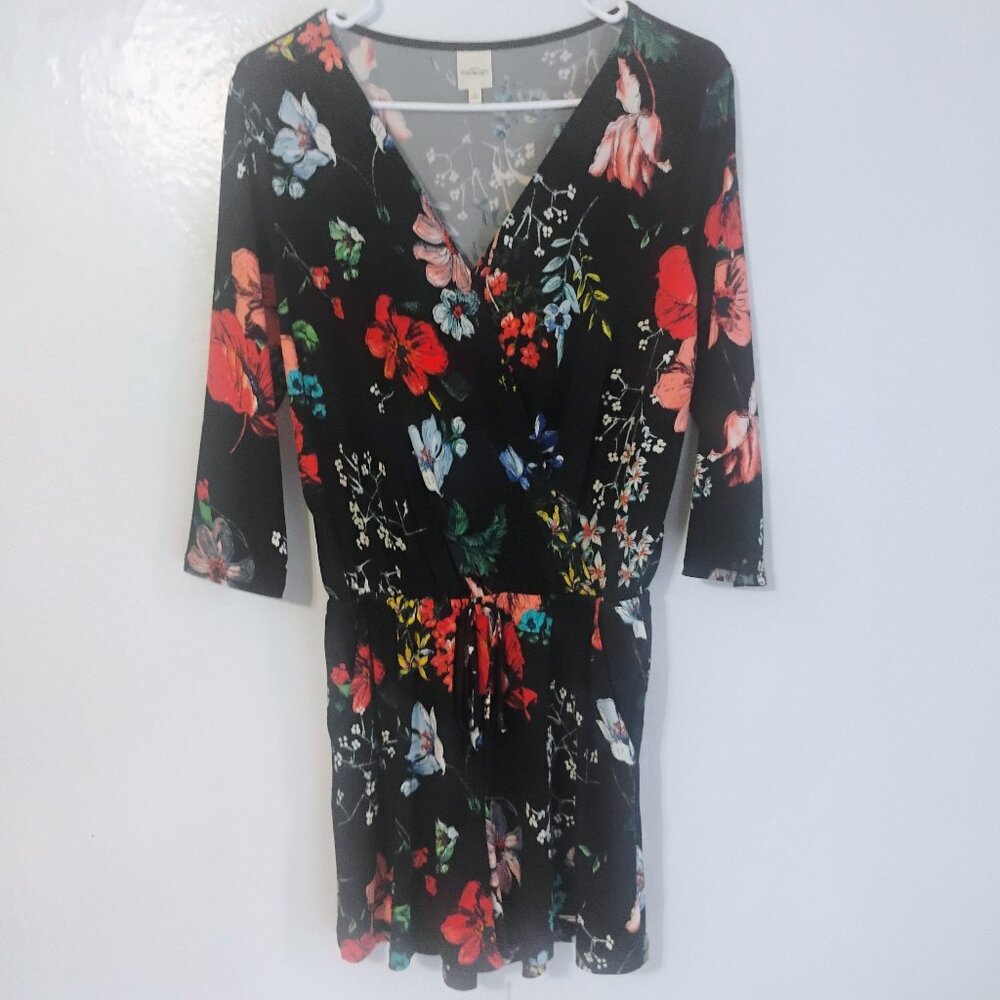 Kaileigh Black Floral Faux Wrap Dress 3/4 Sleeve Tie Waist S
